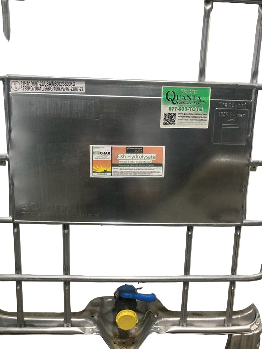 AGX Whole Fish Hydrolysate in 330 gal container for bulk applications with NAKED Char liquid biochar on white background