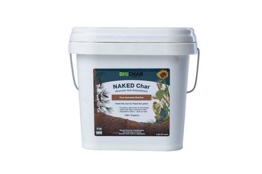 NAKED Char granular biochar soil amendment, 2-gal bucket on white background