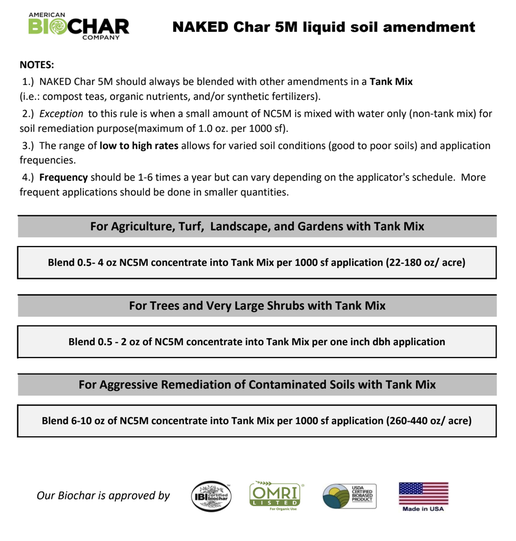 NAKED Char 5M Soil Amendment - Liquid, use chart for applications in bulk  biochar use situations
