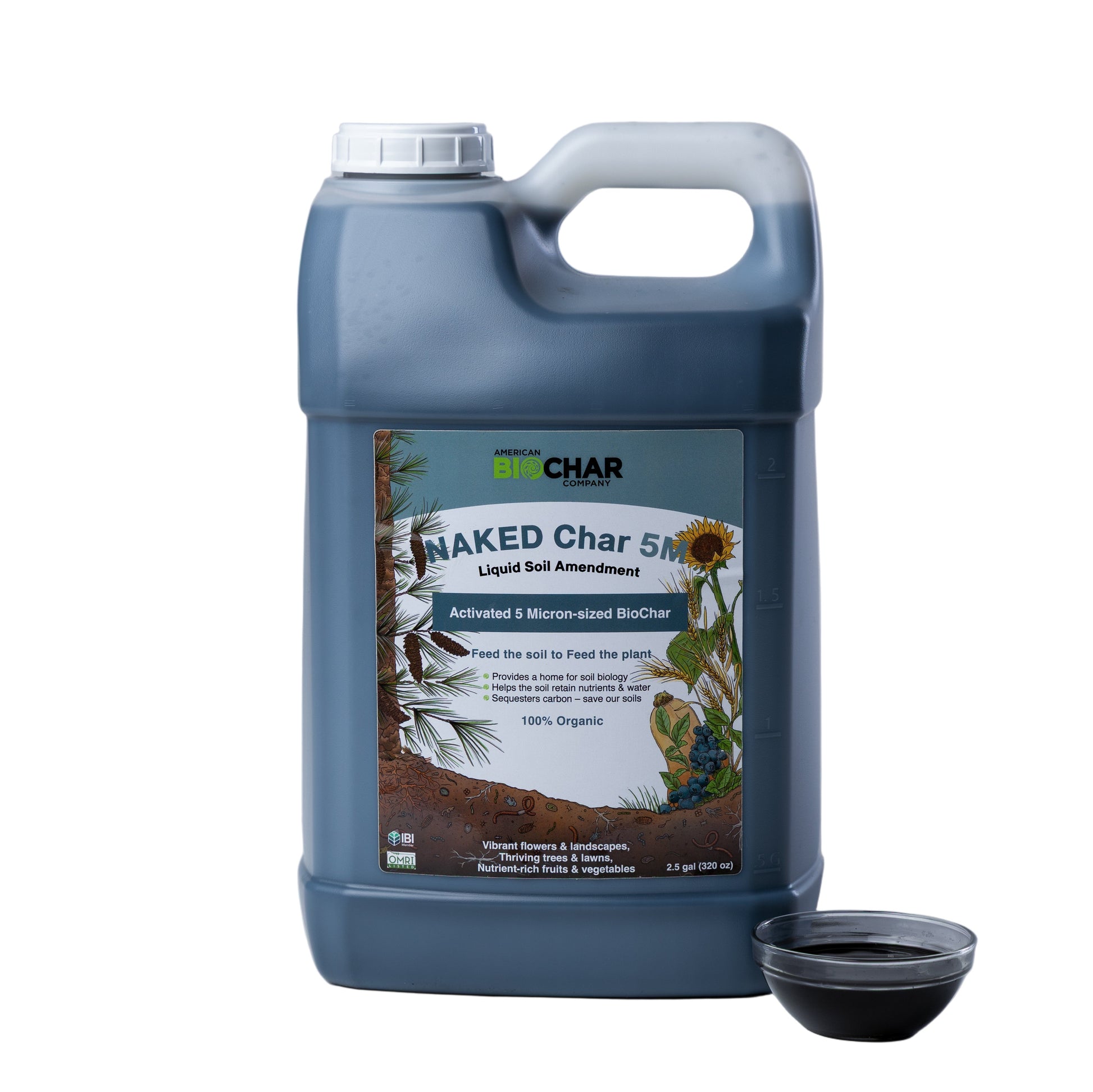 NAKED Char 5M liquid biochar soil amendment, 2.5 gal container on white background