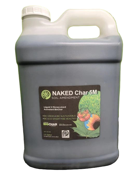 Naked Char 5M liquid biochar soil amendment, 2.5 gal  container with a white background
