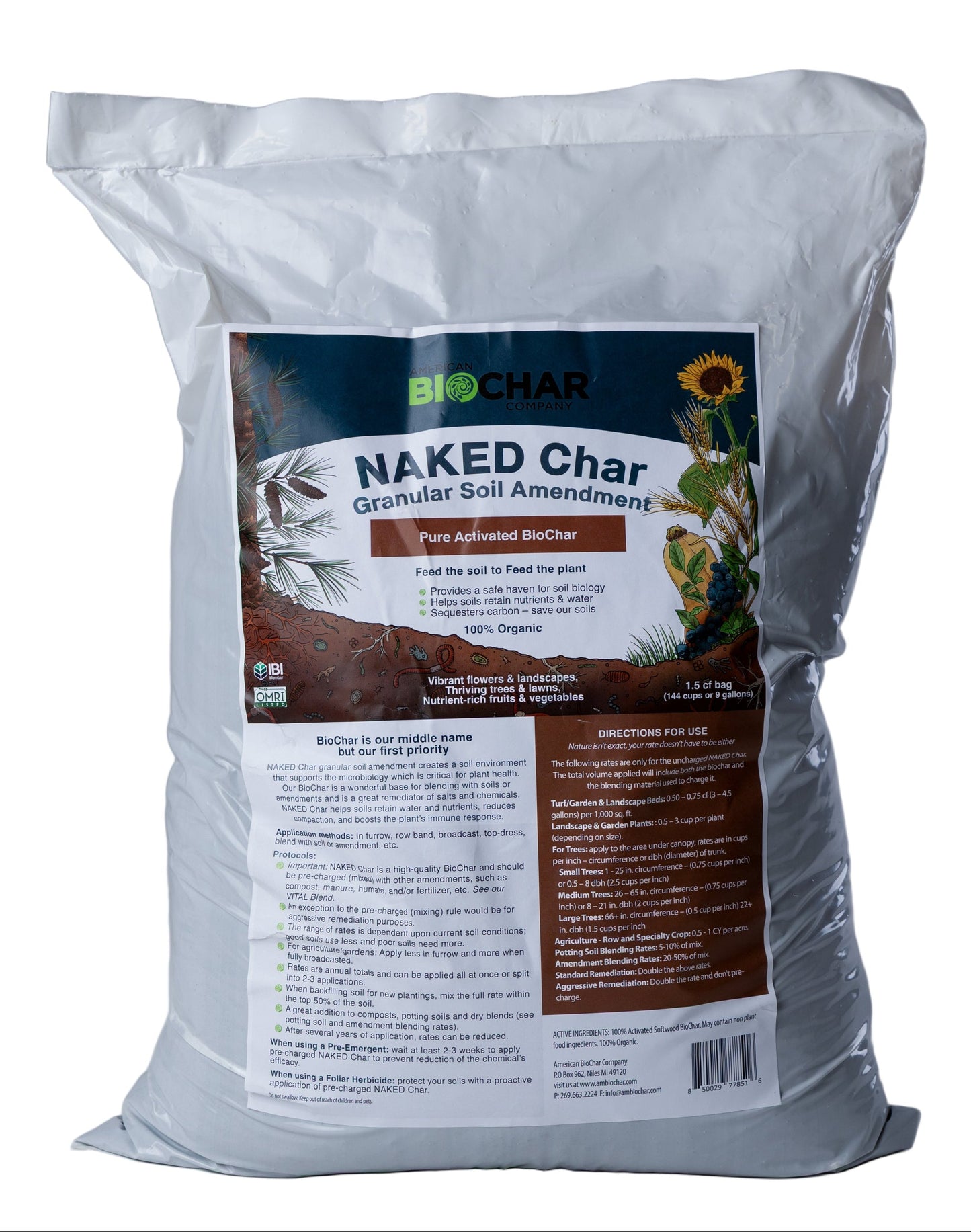 NAKED Char granular soil amendment 1.5 cu f bag on white background